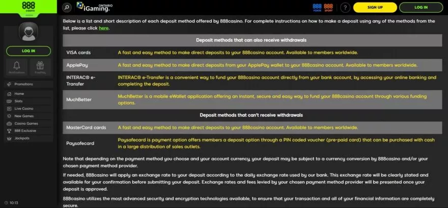 888 casino payment systems