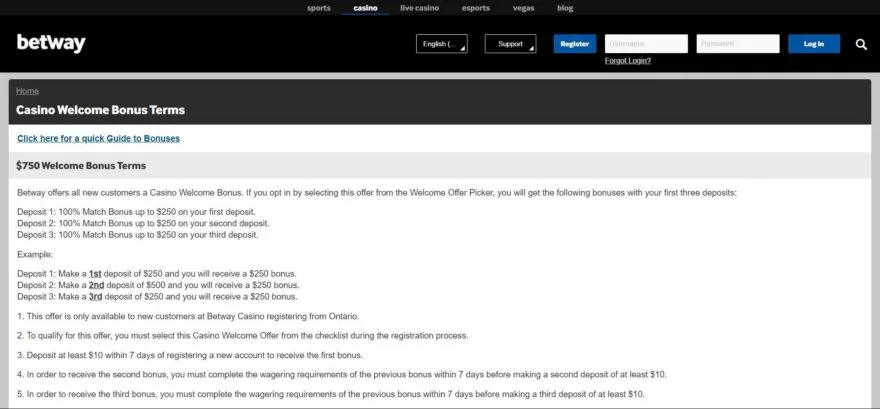 Betway casino bonuses