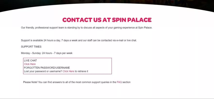 Spin Palace casino contacts