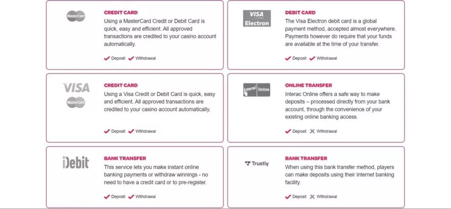 Spin Palace casino payment systems